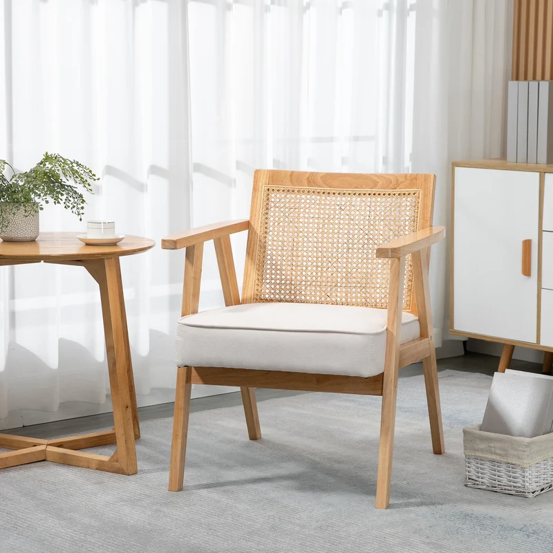HOMCOM Fauteuil de Salon Confortable Chaise en Rotin avec Coussin épais- Dossier en cannage - Assise Profonde - Structure en Bois hévéa Aspect Lin Beige