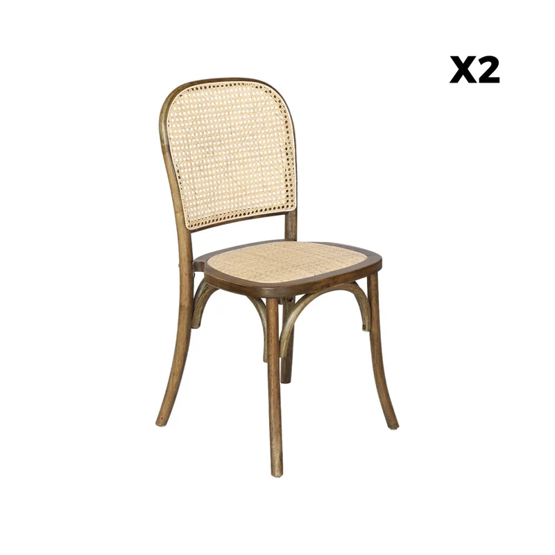 sweeek - Lot de Deux chaises Vintage en Bois Marron Vieilli avec Assise et Dossier en rotin