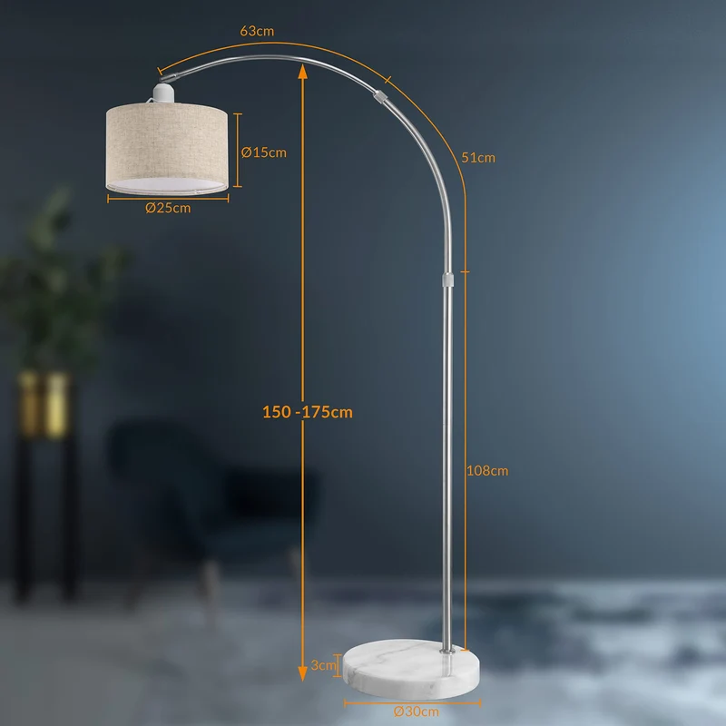 Monzana Lampe à arc Lin socle en marbre abat-jour réglable 150-175 cm interrupteur pied E27 salon lampe à arc lampe sur pied