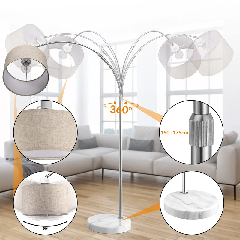 Monzana Lampe à arc Lin socle en marbre abat-jour réglable 150-175 cm interrupteur pied E27 salon lampe à arc lampe sur pied
