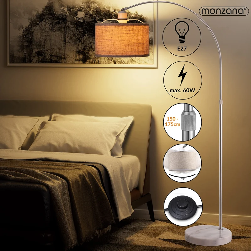 Monzana Lampe à arc Lin socle en marbre abat-jour réglable 150-175 cm interrupteur pied E27 salon lampe à arc lampe sur pied