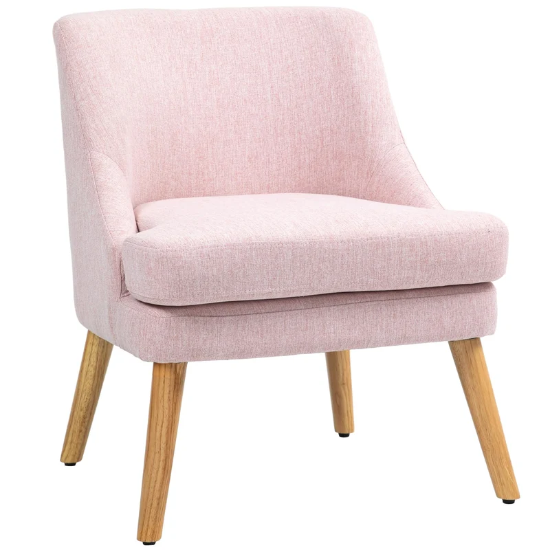 HOMCOM Fauteuil Lounge avec Aspect Lin, accoudoirs, rembourré Fauteuil Relax avec Pieds en Bois, pour Salon, Chambre, Rose