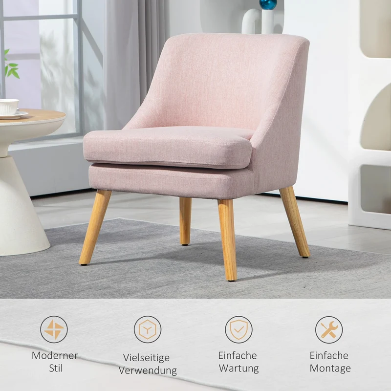 HOMCOM Fauteuil Lounge avec Aspect Lin, accoudoirs, rembourré Fauteuil Relax avec Pieds en Bois, pour Salon, Chambre, Rose
