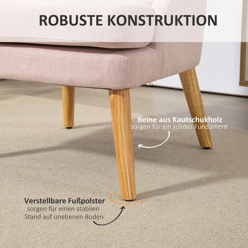 HOMCOM Fauteuil Lounge avec Aspect Lin, accoudoirs, rembourré Fauteuil Relax avec Pieds en Bois, pour Salon, Chambre, Rose