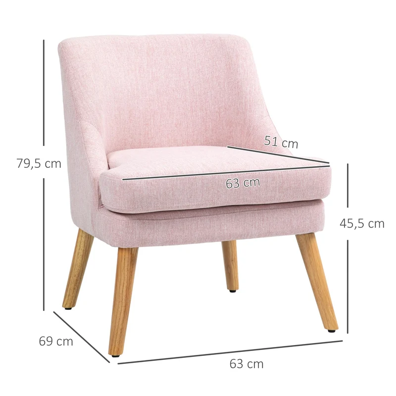 HOMCOM Fauteuil Lounge avec Aspect Lin, accoudoirs, rembourré Fauteuil Relax avec Pieds en Bois, pour Salon, Chambre, Rose