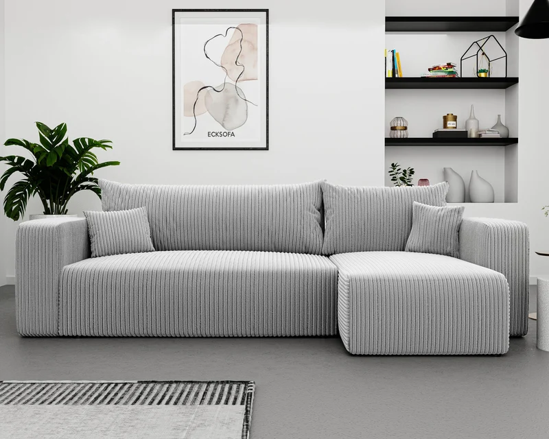 GREKPOL Canapé d'angle Convertible 145x248 à Gauche ou à Droite - Canapé 3 Places Convertible - Canapé avec Espace de Rangement - Canapé Lit - Canapé Convertible - Sofa Clair Gris