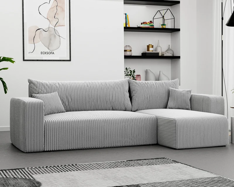 GREKPOL Canapé d'angle Convertible 145x248 à Gauche ou à Droite - Canapé 3 Places Convertible - Canapé avec Espace de Rangement - Canapé Lit - Canapé Convertible - Sofa Clair Gris