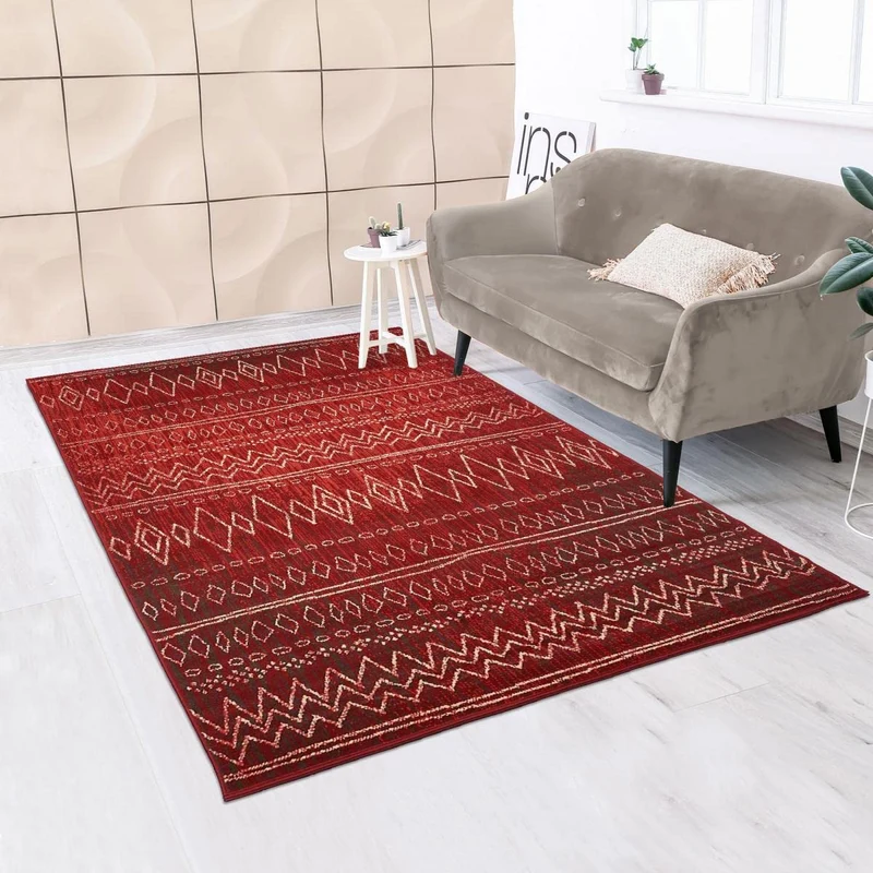 1A2T - Tapis Berbere Salon 140x200 cm Rouge - Tapis Design Scandinave Moderne Tapis Jute Geometrique - Tapis Berbére à Poils Ras Idéal pour Le Salon, 3108