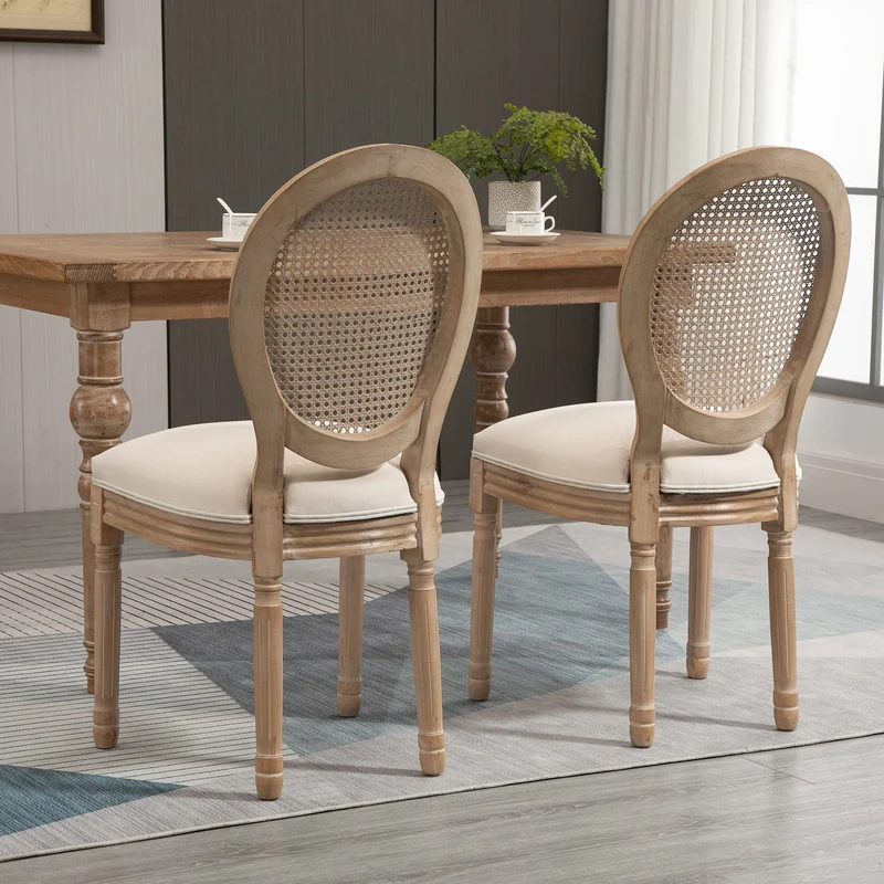 HOMCOM Lot de 2 chaises de Salle à Manger - Chaise de Salon médaillon Style Louis XVI - Bois Massif sculpté, patiné - Dossier cannage - Aspect Lin Beige