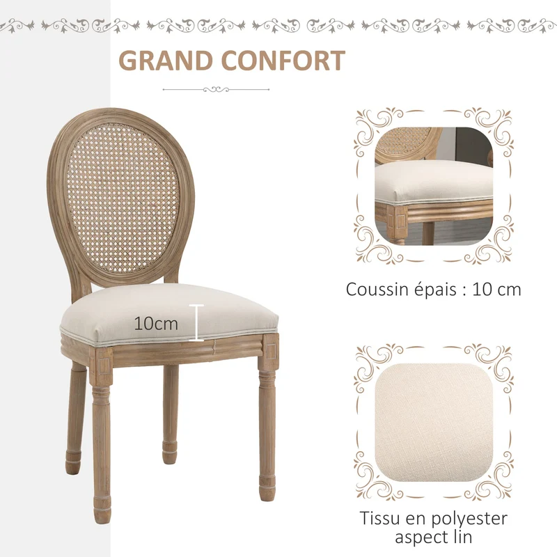 HOMCOM Lot de 2 chaises de Salle à Manger - Chaise de Salon médaillon Style Louis XVI - Bois Massif sculpté, patiné - Dossier cannage - Aspect Lin Beige