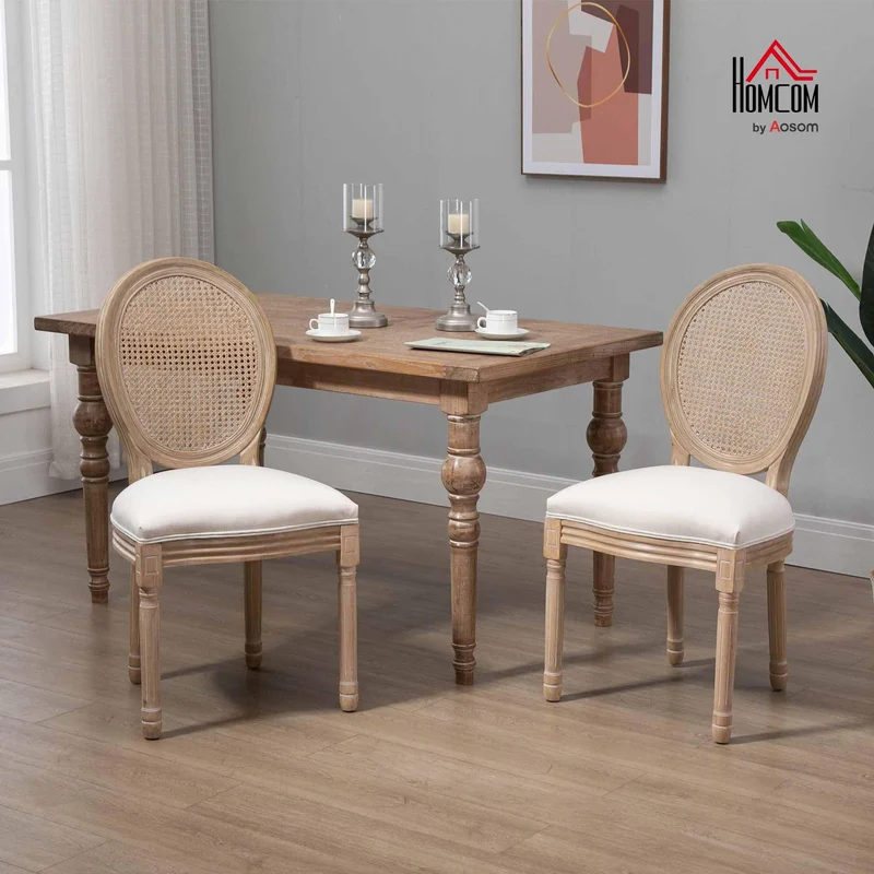 HOMCOM Lot de 2 chaises de Salle à Manger - Chaise de Salon médaillon Style Louis XVI - Bois Massif sculpté, patiné - Dossier cannage - Aspect Lin Beige