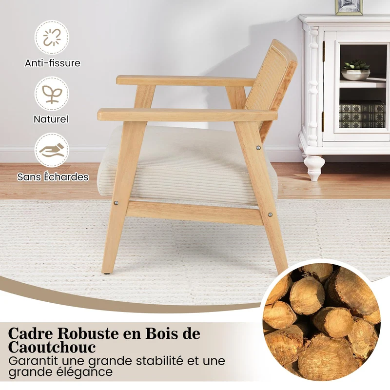 COSTWAY Chaise d'Appoint en Velours Côtelé, Chaise de Loisirs d'ntérieur avec Siège Rembourré et Dossier en Rotin, Fauteuil Rembourré en Bois d'Hévéa, pour Chambre, Salon, Bureau, Naturel