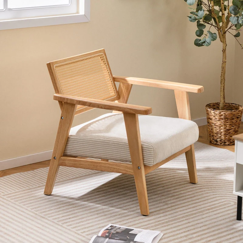 COSTWAY Chaise d'Appoint en Velours Côtelé, Chaise de Loisirs d'ntérieur avec Siège Rembourré et Dossier en Rotin, Fauteuil Rembourré en Bois d'Hévéa, pour Chambre, Salon, Bureau, Naturel