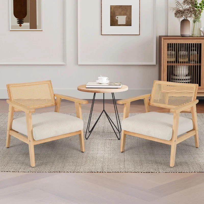COSTWAY Chaise d'Appoint en Velours Côtelé, Chaise de Loisirs d'ntérieur avec Siège Rembourré et Dossier en Rotin, Fauteuil Rembourré en Bois d'Hévéa, pour Chambre, Salon, Bureau, Naturel