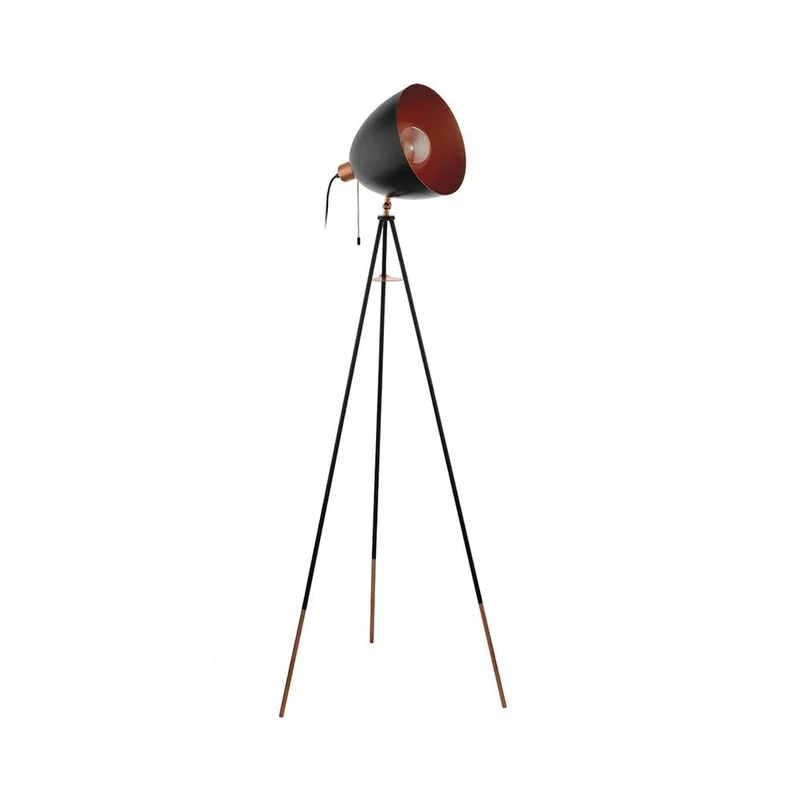 Eglo Lampadaire tripode Chester, lampadaire vintage 1 flamme, lampadaire en acier, couleur : noir, cuivre, douille : E27, interrupteur à tirette inclus
