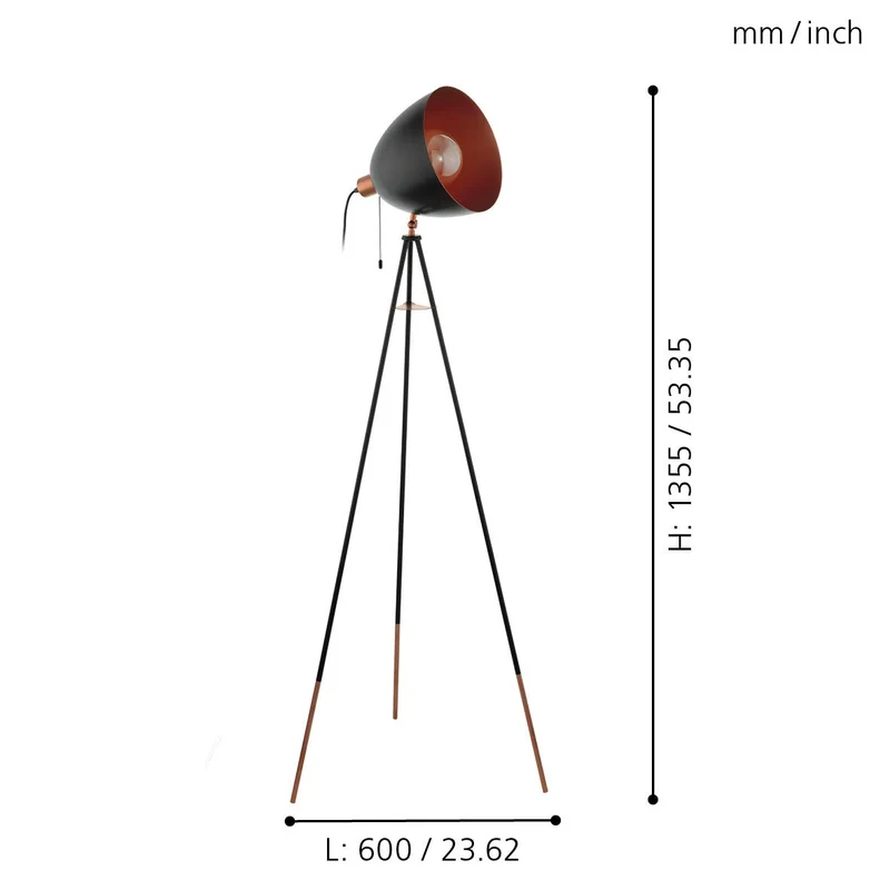 Eglo Lampadaire tripode Chester, lampadaire vintage 1 flamme, lampadaire en acier, couleur : noir, cuivre, douille : E27, interrupteur à tirette inclus