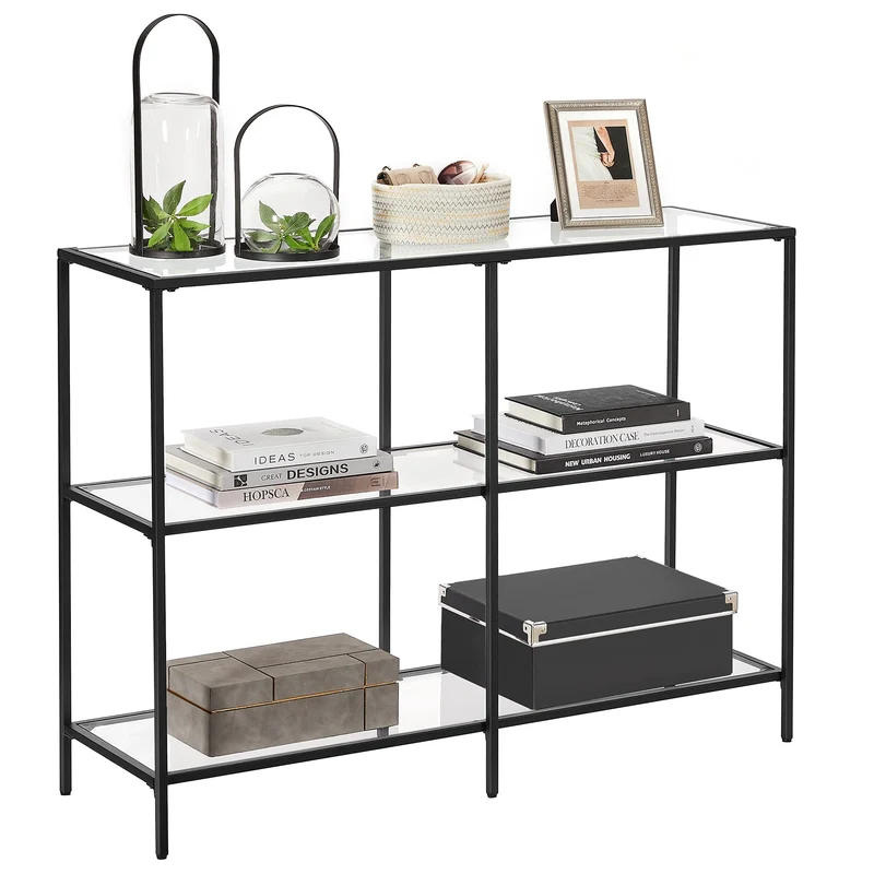 VASAGLE Table Console d’Entrée, Étagère à 3 Niveaux en Verre Trempé, 30 x 100 x 73 cm, Cadre en Métal, Style Moderne, pour Couloir, Salon, Chambre, Noir Classique et Transparent LGT027B01