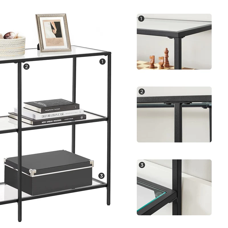 VASAGLE Table Console d’Entrée, Étagère à 3 Niveaux en Verre Trempé, 30 x 100 x 73 cm, Cadre en Métal, Style Moderne, pour Couloir, Salon, Chambre, Noir Classique et Transparent LGT027B01