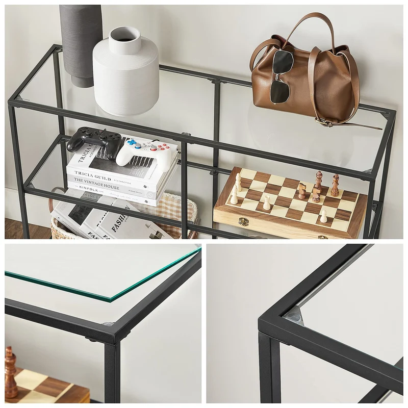 VASAGLE Table Console d’Entrée, Étagère à 3 Niveaux en Verre Trempé, 30 x 100 x 73 cm, Cadre en Métal, Style Moderne, pour Couloir, Salon, Chambre, Noir Classique et Transparent LGT027B01