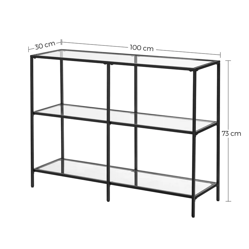 VASAGLE Table Console d’Entrée, Étagère à 3 Niveaux en Verre Trempé, 30 x 100 x 73 cm, Cadre en Métal, Style Moderne, pour Couloir, Salon, Chambre, Noir Classique et Transparent LGT027B01