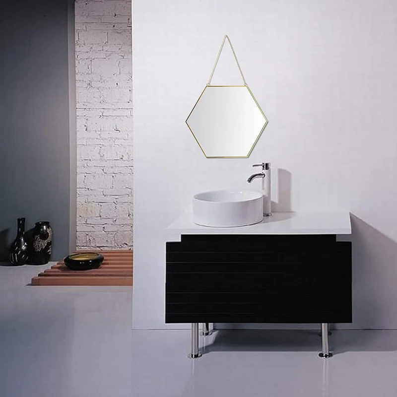 Hosoncovy Miroir hexagonal en métal à suspendre au mur avec chaîne, pleine longueur pour salle de bain, salon, chambre à coucher (L)