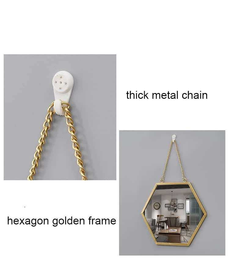 Hosoncovy Miroir hexagonal en métal à suspendre au mur avec chaîne, pleine longueur pour salle de bain, salon, chambre à coucher (L)