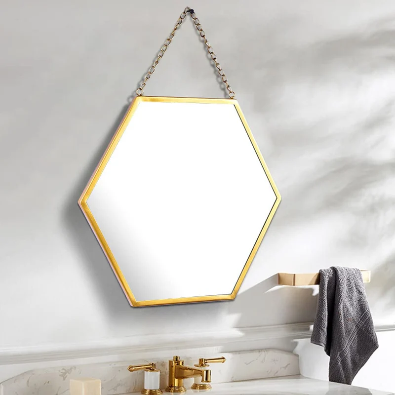 Hosoncovy Miroir hexagonal en métal à suspendre au mur avec chaîne, pleine longueur pour salle de bain, salon, chambre à coucher (L)