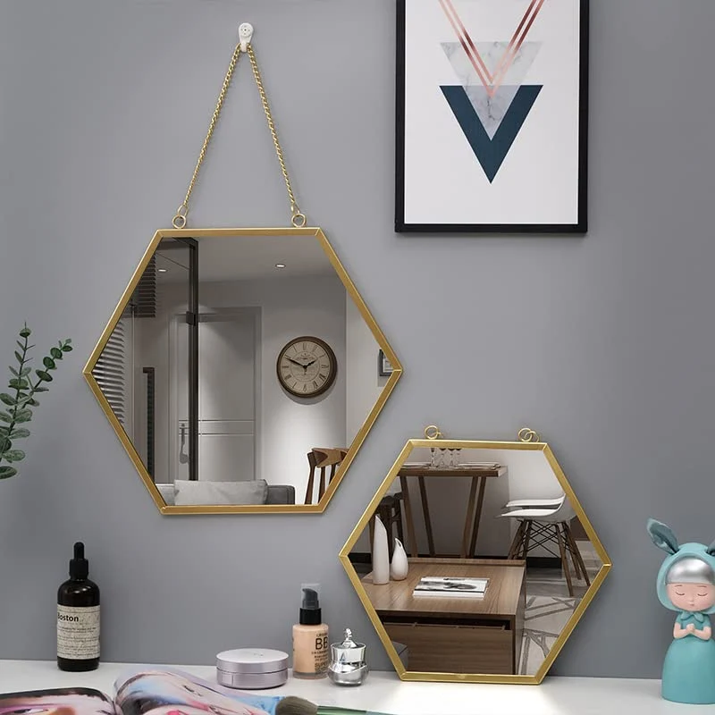 Hosoncovy Miroir hexagonal en métal à suspendre au mur avec chaîne, pleine longueur pour salle de bain, salon, chambre à coucher (L)