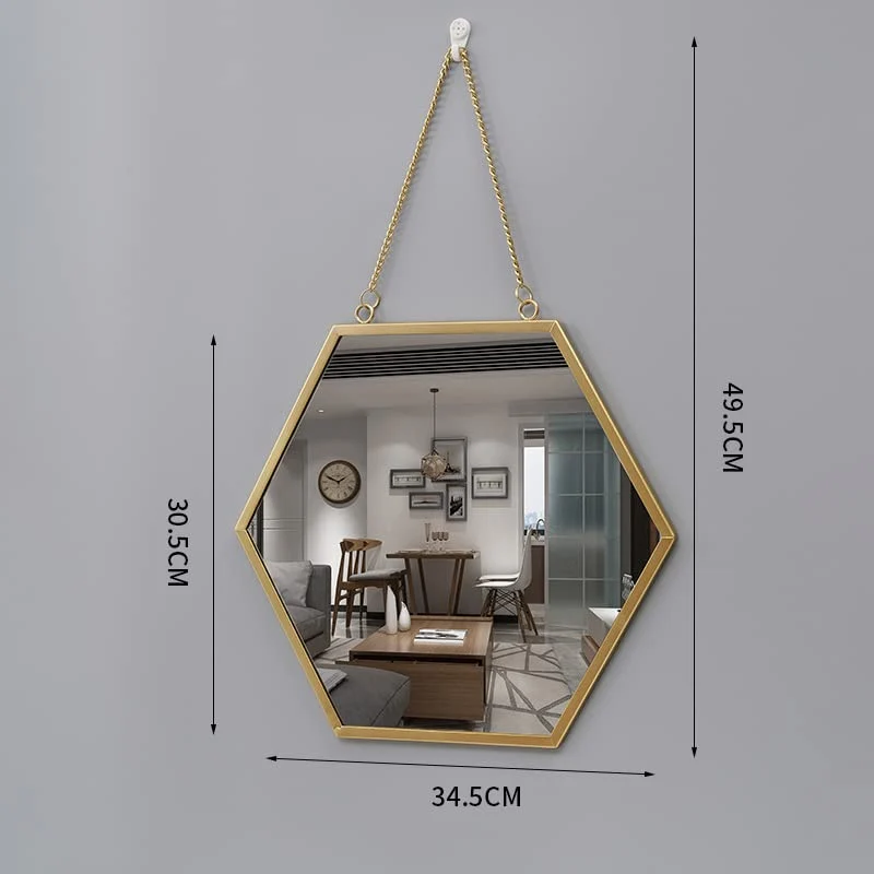 Hosoncovy Miroir hexagonal en métal à suspendre au mur avec chaîne, pleine longueur pour salle de bain, salon, chambre à coucher (L)