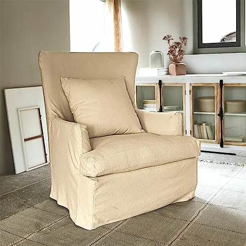 Loberon Williamson Fauteuil style maison de campagne avec coussin décoratif et housse de coussin lavable en bois de pin et viscose Blanc