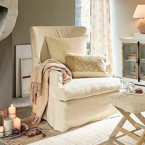 Loberon Williamson Fauteuil style maison de campagne avec coussin décoratif et housse de coussin lavable en bois de pin et viscose Blanc