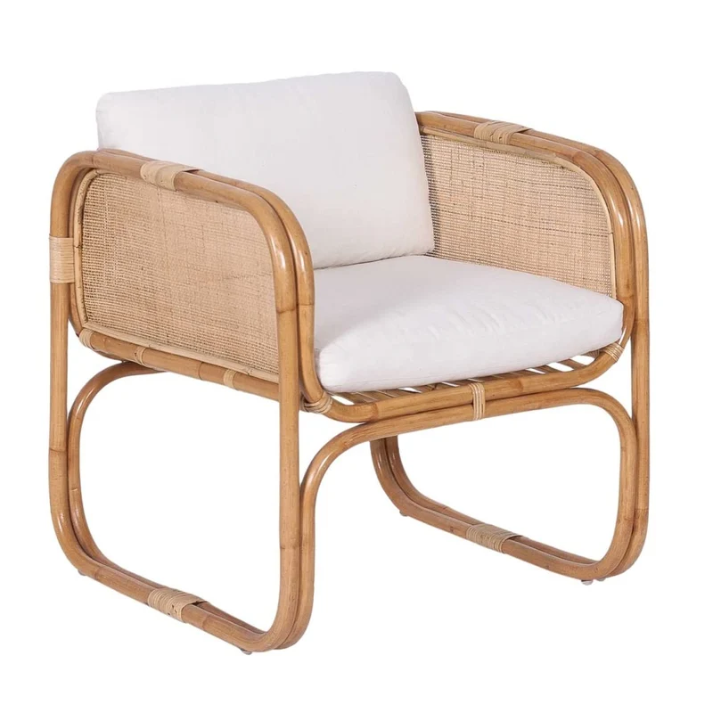 Casa Moro BIMA CF2221 Fauteuil en rotin avec 2 coussins et accoudoirs extra large en rotin naturel | Chaise rétro bohème chic pour jardin, terrasse, salle à manger