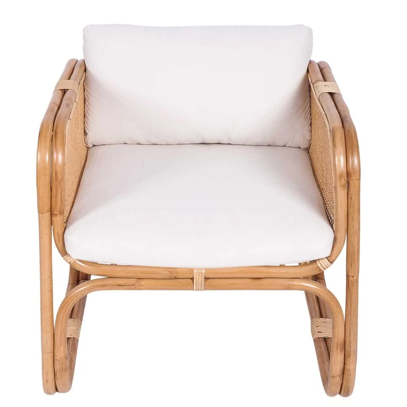Casa Moro BIMA CF2221 Fauteuil en rotin avec 2 coussins et accoudoirs extra large en rotin naturel | Chaise rétro bohème chic pour jardin, terrasse, salle à manger