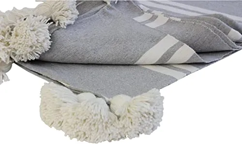 ESSENCE OF MOROCCO Couverture marocaine à pompons tissée à la main en pur coton 3 m x 2 m (gris blanc)