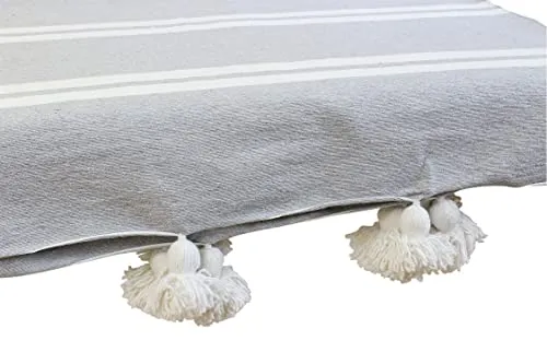 ESSENCE OF MOROCCO Couverture marocaine à pompons tissée à la main en pur coton 3 m x 2 m (gris blanc)