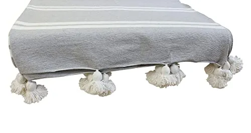 ESSENCE OF MOROCCO Couverture marocaine à pompons tissée à la main en pur coton 3 m x 2 m (gris blanc)