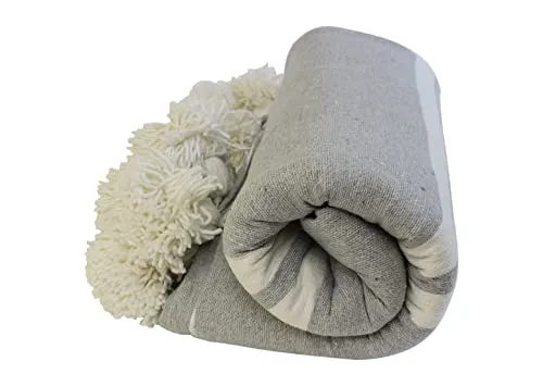 ESSENCE OF MOROCCO Couverture marocaine à pompons tissée à la main en pur coton 3 m x 2 m (gris blanc)