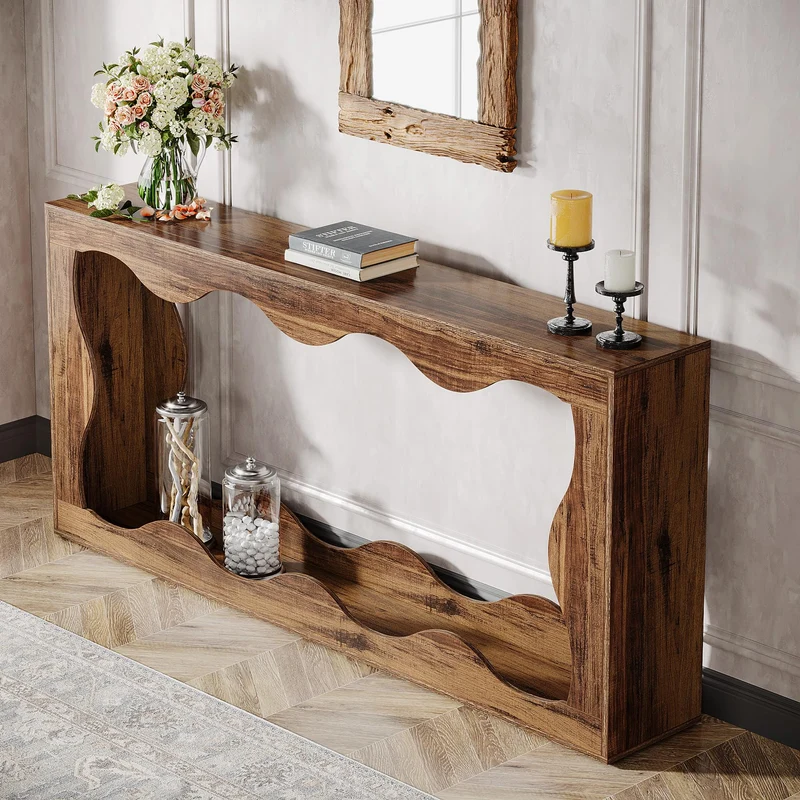 Tribesigns Table console de ferme de 160 cm avec rangement, table de canapé derrière le canapé, longue table d'entrée, table console étroite, table de couloir pour entrée, salon, marron