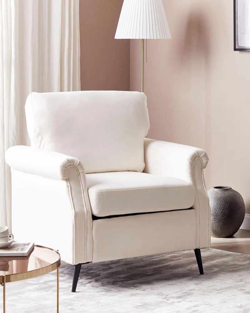 Fauteuil en Tissu Rembourré Blanc et Pieds en Métal Noir Salon Rétro Vietas