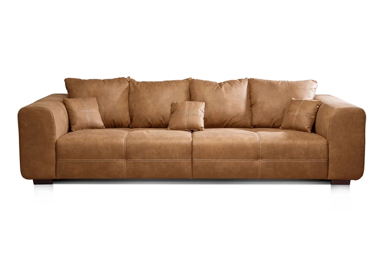 CAVADORE Big Sofa Mavericco Canapé rembourré, Taille XXL, Aspect Cuir, avec Coussin de Dossier et Coussin décoratif, 287 x 69 x 108 cm (l x H x P), en Microfibre, Cognac