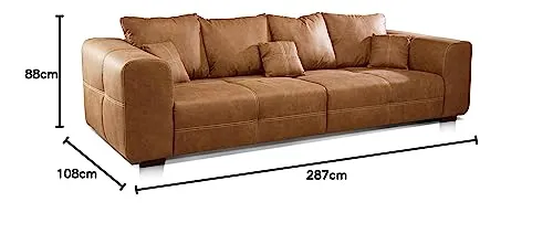 CAVADORE Big Sofa Mavericco Canapé rembourré, Taille XXL, Aspect Cuir, avec Coussin de Dossier et Coussin décoratif, 287 x 69 x 108 cm (l x H x P), en Microfibre, Cognac