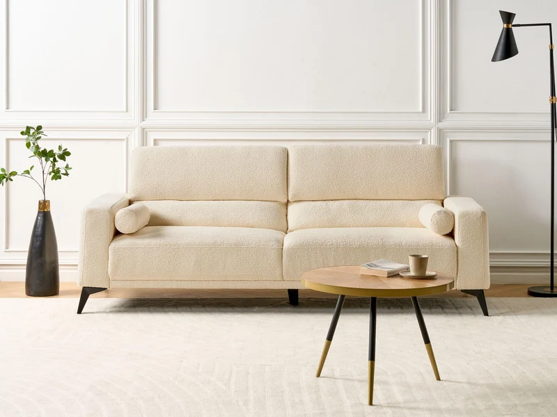 Canapé 3 Places Hauteur du Dossier Réglable Rembourré en Tissu Bouclé Blanc Cassé Ange