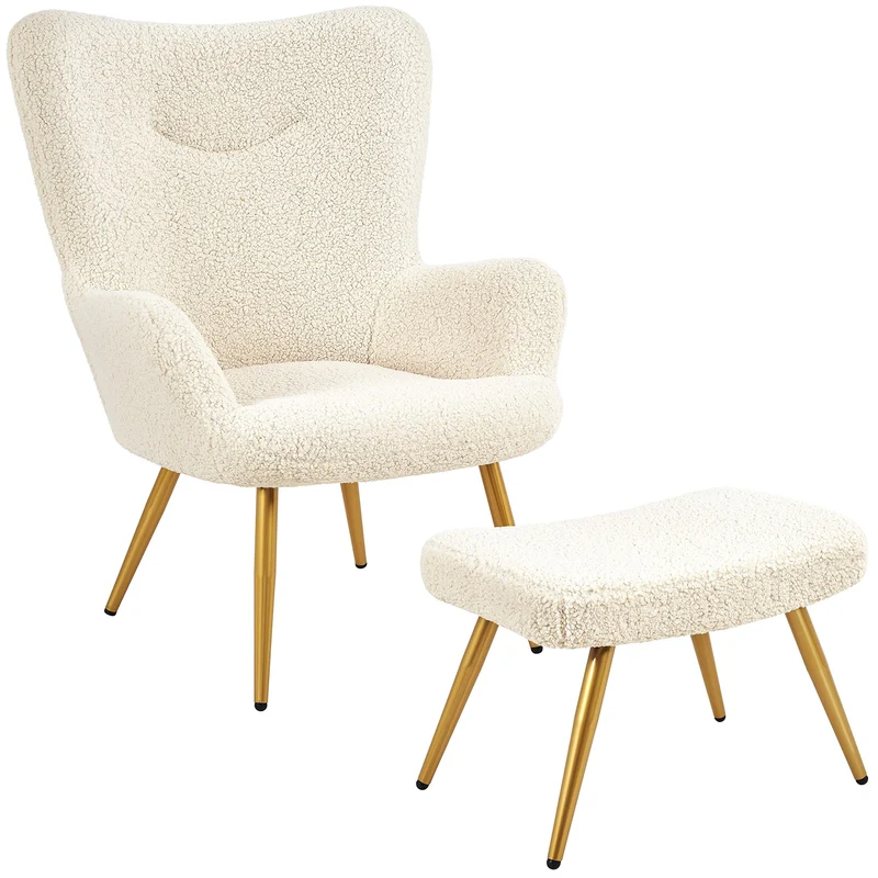 Yaheetech Fauteuil Scandinave à Oreilles avec Repose Pieds Fauteuil de Salon en Tissu Bouclette Dossier Ergonomique Chaise de Salon Design Elégant 67,5 cm × 70 cm × 97,5 cm Ivoire/1