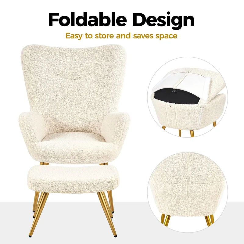 Yaheetech Fauteuil Scandinave à Oreilles avec Repose Pieds Fauteuil de Salon en Tissu Bouclette Dossier Ergonomique Chaise de Salon Design Elégant 67,5 cm × 70 cm × 97,5 cm Ivoire/1