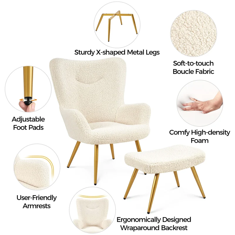 Yaheetech Fauteuil Scandinave à Oreilles avec Repose Pieds Fauteuil de Salon en Tissu Bouclette Dossier Ergonomique Chaise de Salon Design Elégant 67,5 cm × 70 cm × 97,5 cm Ivoire/1
