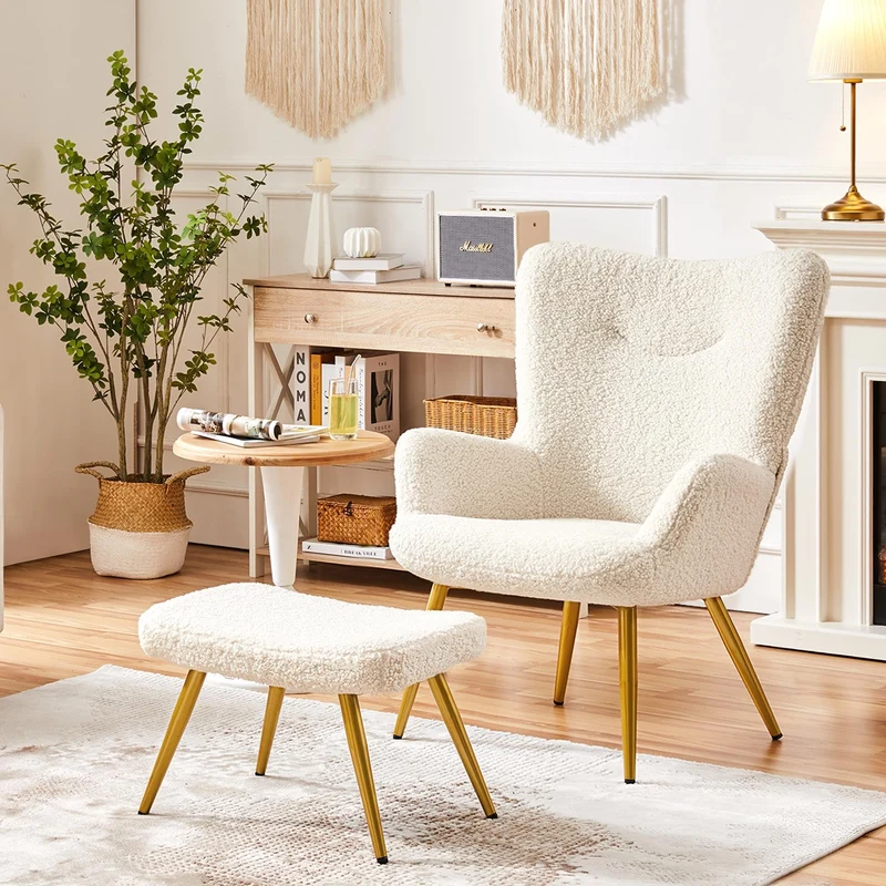 Yaheetech Fauteuil Scandinave à Oreilles avec Repose Pieds Fauteuil de Salon en Tissu Bouclette Dossier Ergonomique Chaise de Salon Design Elégant 67,5 cm × 70 cm × 97,5 cm Ivoire/1