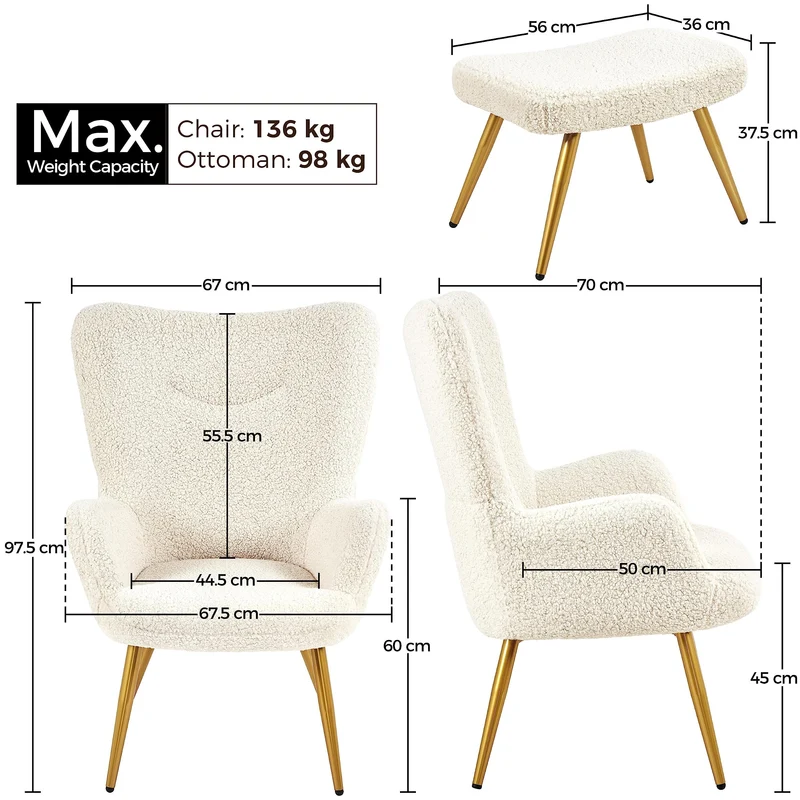 Yaheetech Fauteuil Scandinave à Oreilles avec Repose Pieds Fauteuil de Salon en Tissu Bouclette Dossier Ergonomique Chaise de Salon Design Elégant 67,5 cm × 70 cm × 97,5 cm Ivoire/1