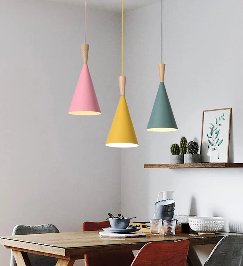 E27 Suspension Salle à manger Lampe Bois Abat-jour en Fer Rose Vert Jaune Décoration LED luminaire suspendue Salle de séjour Lustre Moderne Ronde Réglable éclairage de Bureau Salon Cuisine Plafonnier