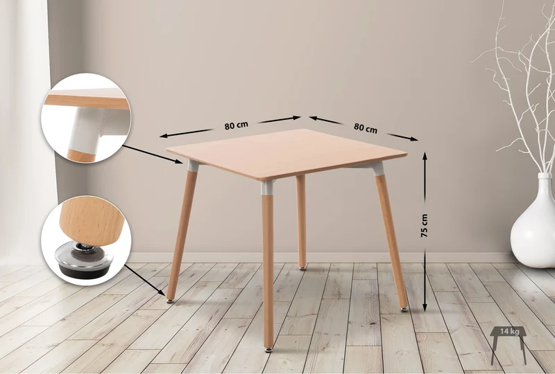 CLP Table De Cuisine Viborg I Table De Salle À Manger Au Design Scandinave pour Le Salon avec Plateau en MDF I Structure en Hêtre, Couleur:Nature, Taille:80 cm