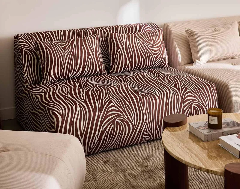 Lisa Design - Onyx - canapé Droit 2 Places zèbre en Velours, Marron/Blanc